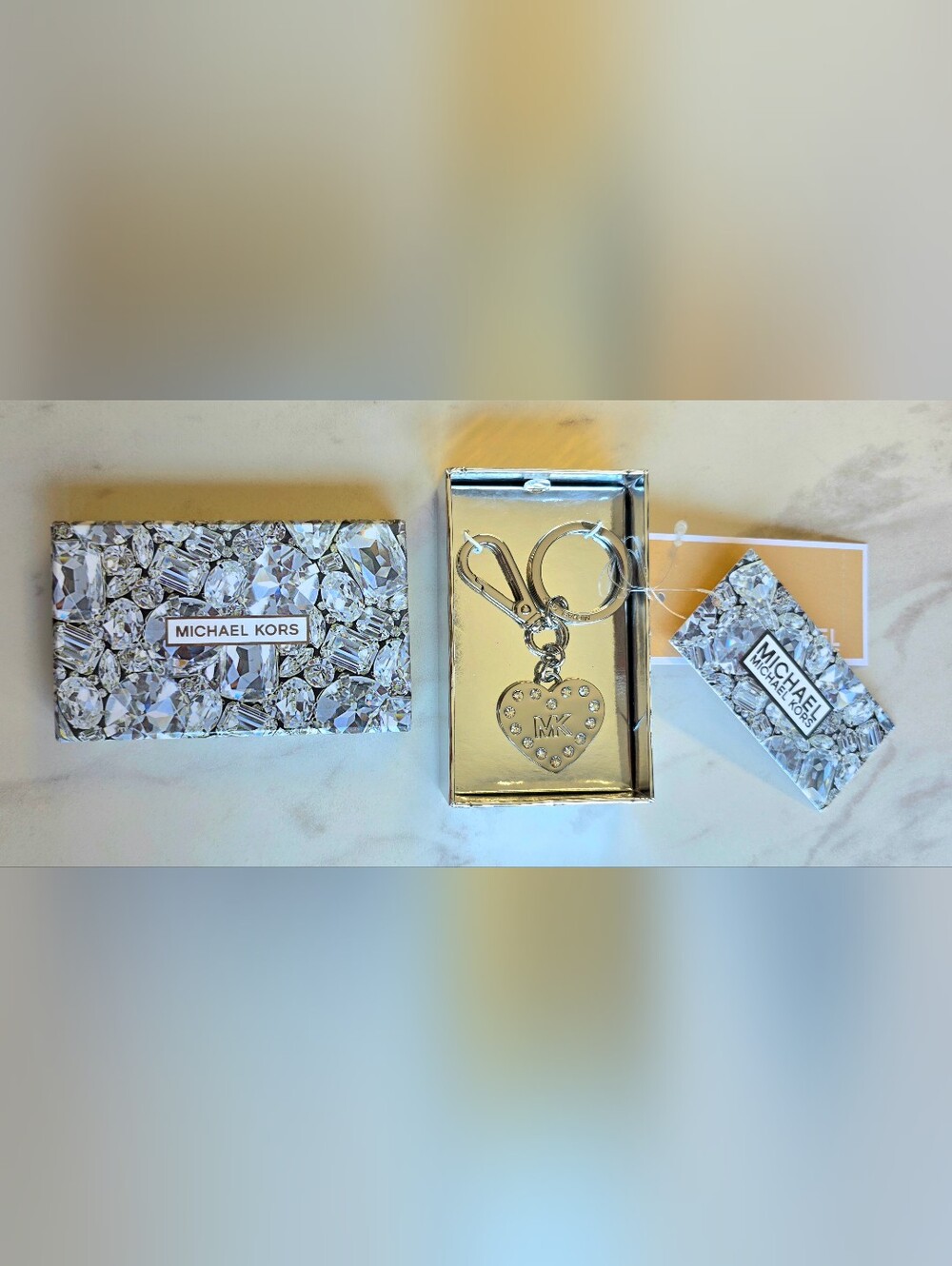 Michael Kors Silver Crystal Heart Charm Keychain Bag Charm Gift Boxed